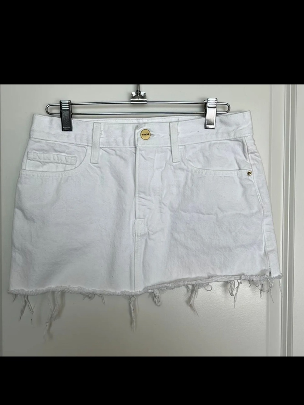 Frame Denim White Frayed-Hem Mini Skirt